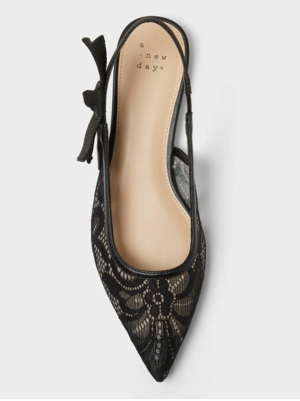 Women London Lace Sling Back Bow Flats - A New Day Black